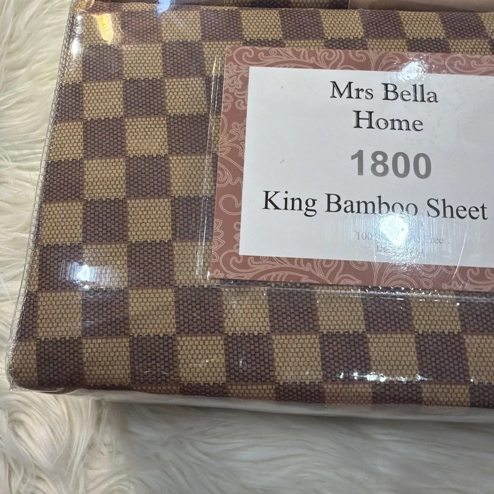 Mrs Bella Home King Bamboo Sheet Set 4-Piece Brown Check Pattern